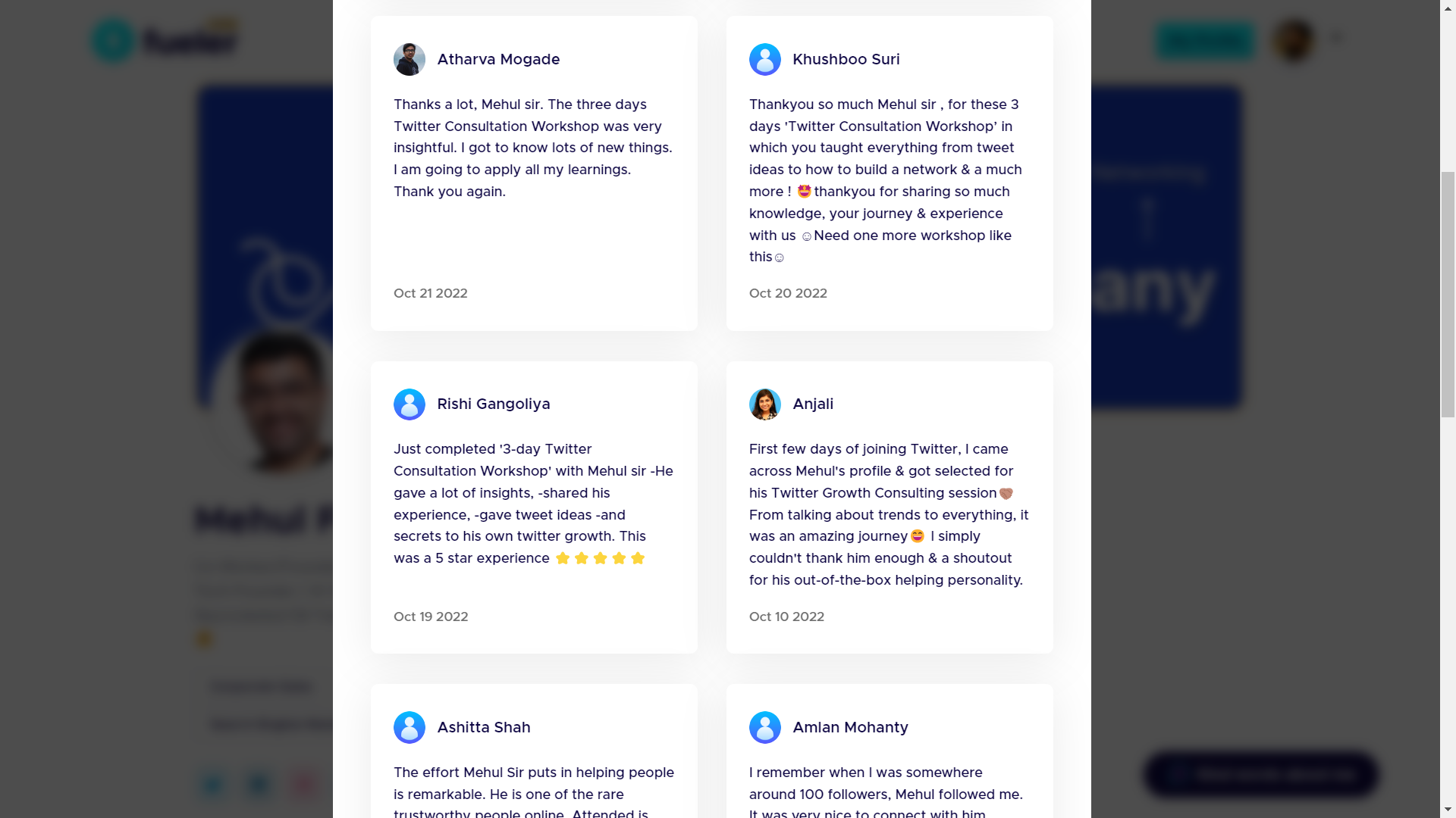 Kind Words on Mehul Fanawala Fueler Profile